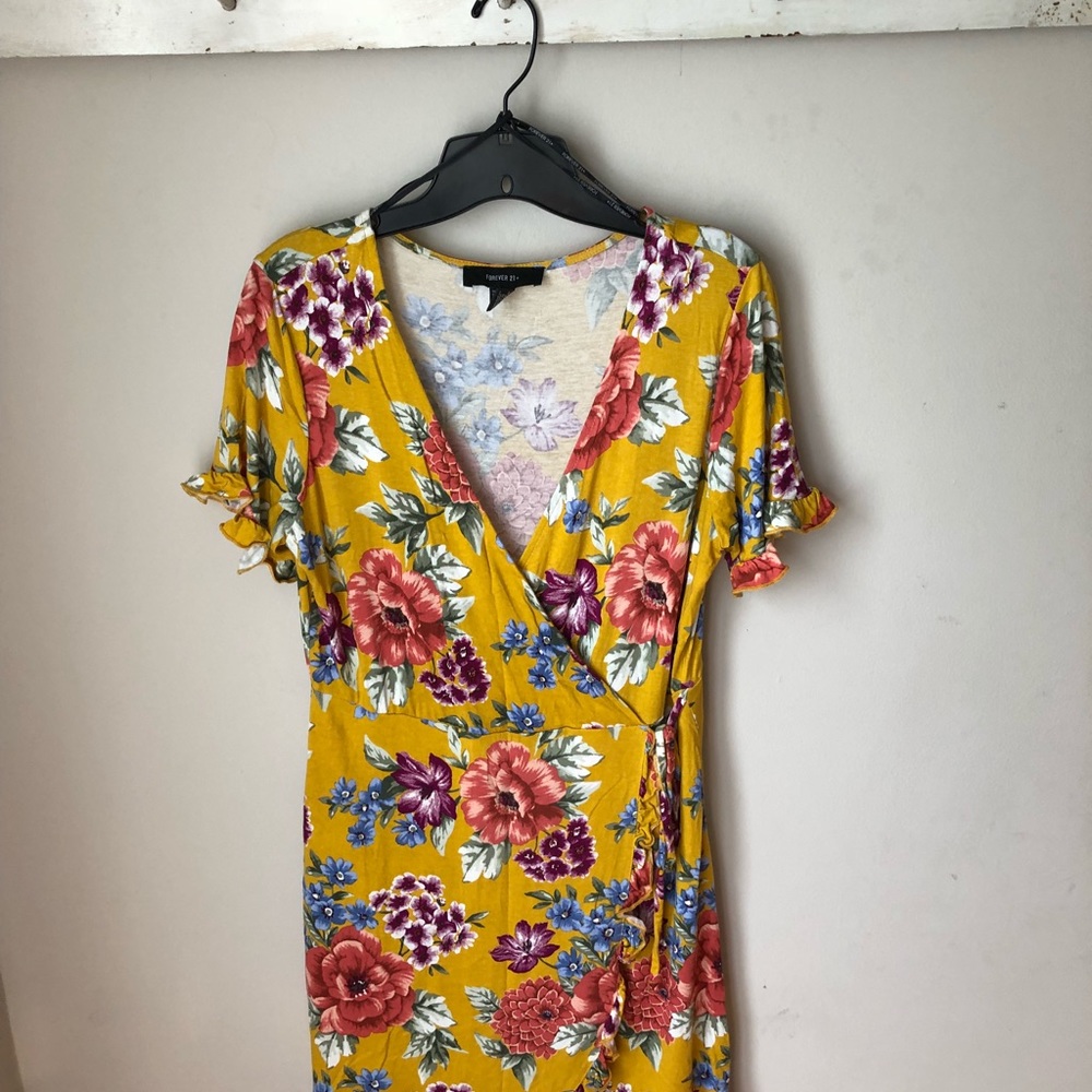 Gold floral faux-wrap dress